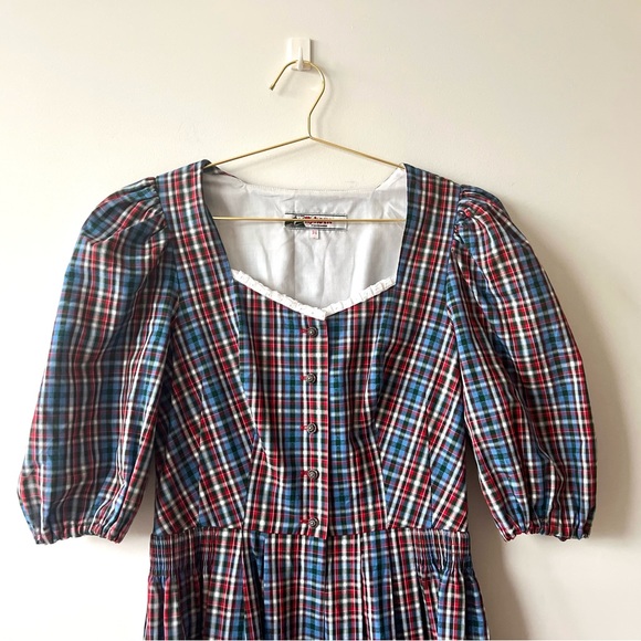 Traditional Alpine Midi Dress — Blue/Red Plaid Short Sleeve - Picture 5 of 8